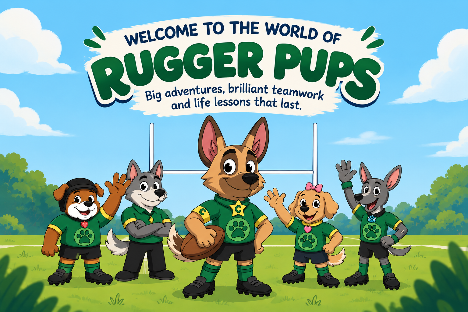 The Rugger Pups team together on a rugby pitch.
